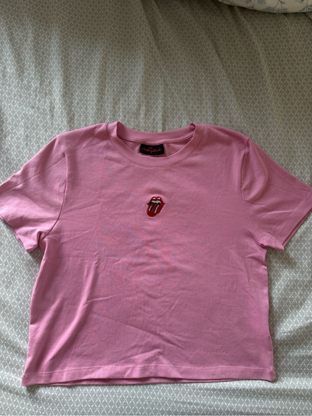 Cotton On The Rolling Stones Pink Embroidered Crop T-Shirt Size Medium